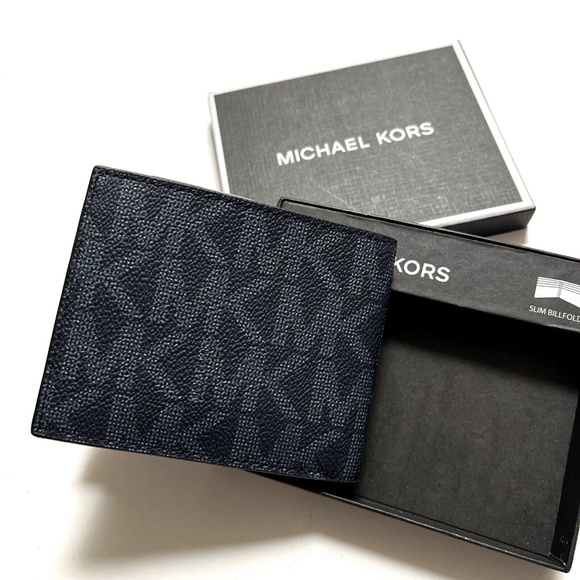 NWT 3pc MICHAEL KORS Slim Billfold Wallet Set Black Gray / Brown Navy Logo Boxed - Picture 7 of 16